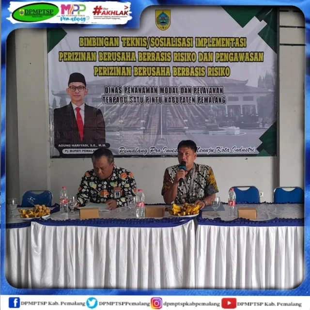 Jum'at, 15 November 2024. Dinas PMPTSP Kabupaten Pemalang melaksanakan kegiatan Bimbingan Teknis / Sosialisai Implementasi Perizinan Berusaha Berbasis Risiko dan Pengawasan Perizinan Berusaha Berbasis Risiko. Bertempat di Rumah Makan Serba Sambal Pemalang

@pemkabpemalang
@shkhaeron