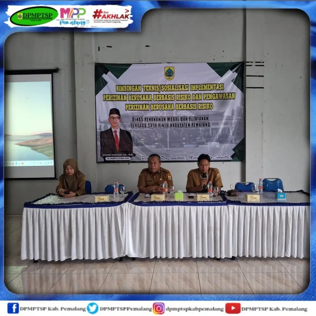 Senin, 18 November 2024. Dinas PMPTSP Kabupaten Pemalang melaksanakan kegiatan Bimbingan Teknis / Sosialisai Implementasi Perizinan Berusaha Berbasis Risiko dan Pengawasan Perizinan Berusaha Berbasis Risiko. Bertempat di Rumah Makan Serba Sambal Pemalang

@pemkabpemalang
@shkhaeron
